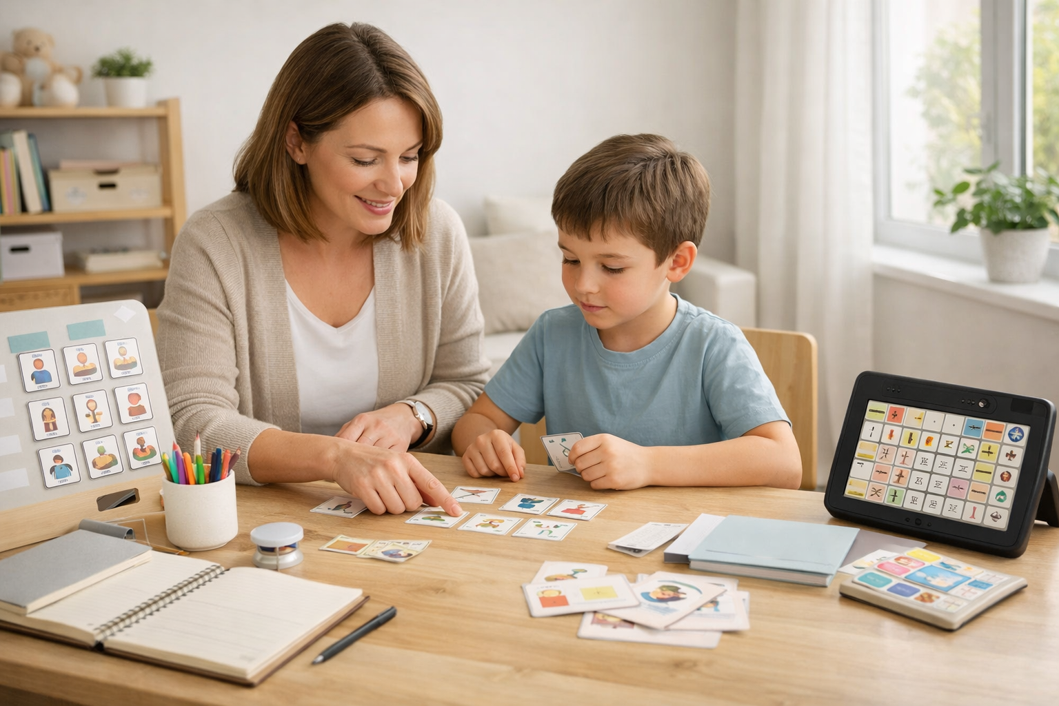 professionnelle accompagnant un enfant avec autisme avec des outils de communication alternative et améliorée (CAA), pictogrammes et supports visuels